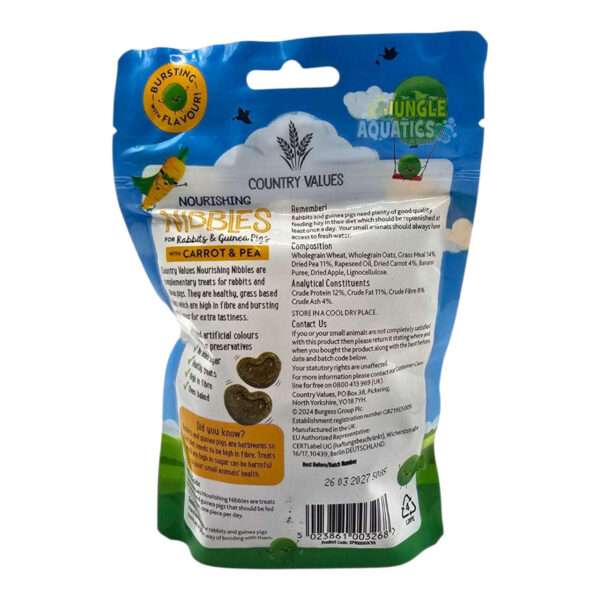 Burgess Country Values Carrot & Pea Nibbles 60G back packaging, nutritious treat for rabbits and guinea pigs.