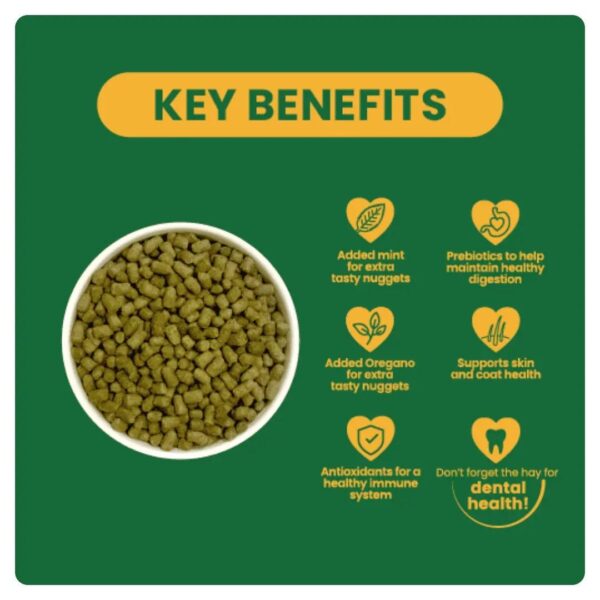 Bowl of pet food with key benefits labeled alongside.