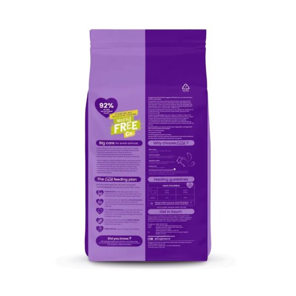 Purple Muesli Free pet food bag with feeding guidelines