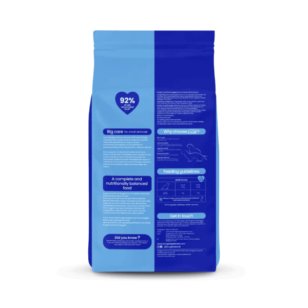 Blue packaging of small animal feed with product details.