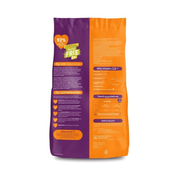 Purple and orange pet food packaging with detailed text.