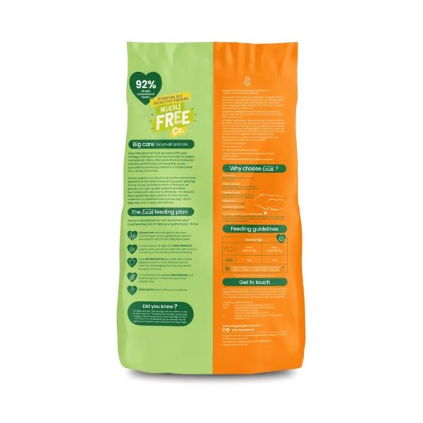 Back view of Excel muesli-free pet food bag with feeding guidelines.