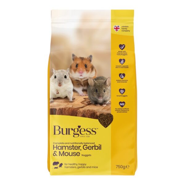 Burgess Hamster, Gerbil & Mouse Nuggets packaging with small animal images.