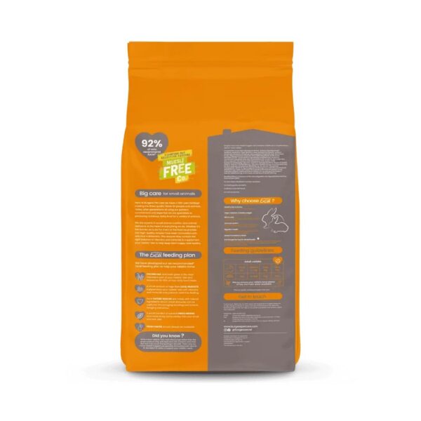 Back of orange small animal food bag with detailed nutritional information.