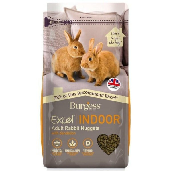 Burgess Excel Indoor Adult Rabbit Nuggets with dandelion packaging.