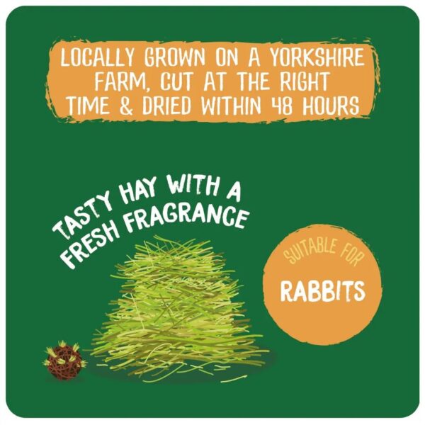 Illustration of fresh hay with text about Yorkshire farm, suitable for rabbits.