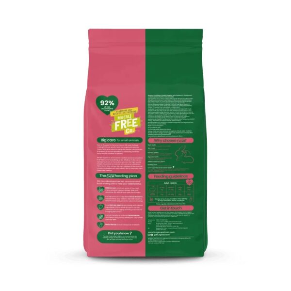Back of muesli-free rabbit food bag with nutritional details.