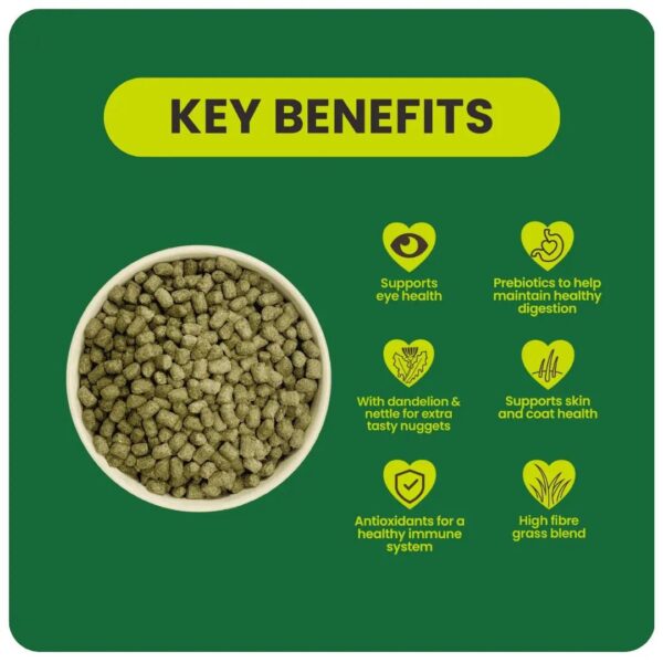 Pet food bowl with listed key benefits including health support.