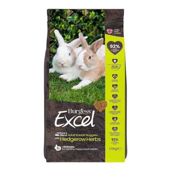 Burgess Excel rabbit food package with two rabbits.