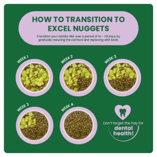 Guide for transitioning rabbit diet to Excel nuggets over four weeks.